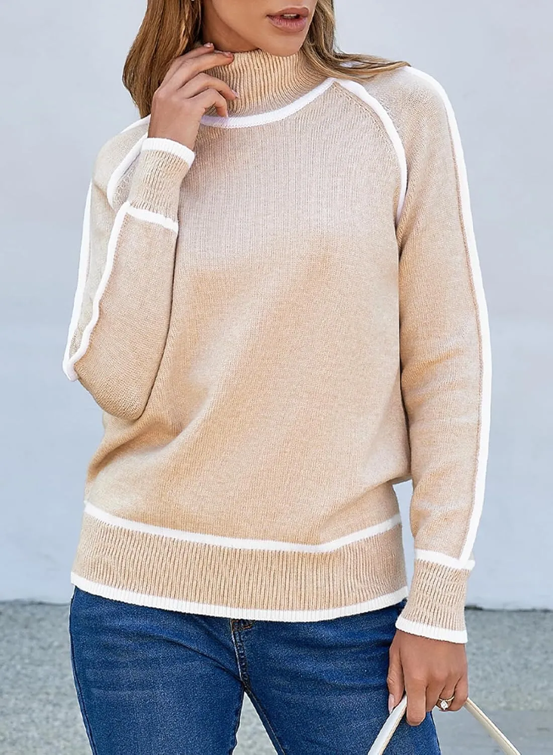 EVALESS Womens Long Sleeve Turtleneck Pullover Sweaters Casual Loose Color Block Cozy Knit Tops