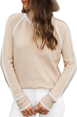 EVALESS Womens Long Sleeve Turtleneck Pullover Sweaters Casual Loose Color Block Cozy Knit Tops