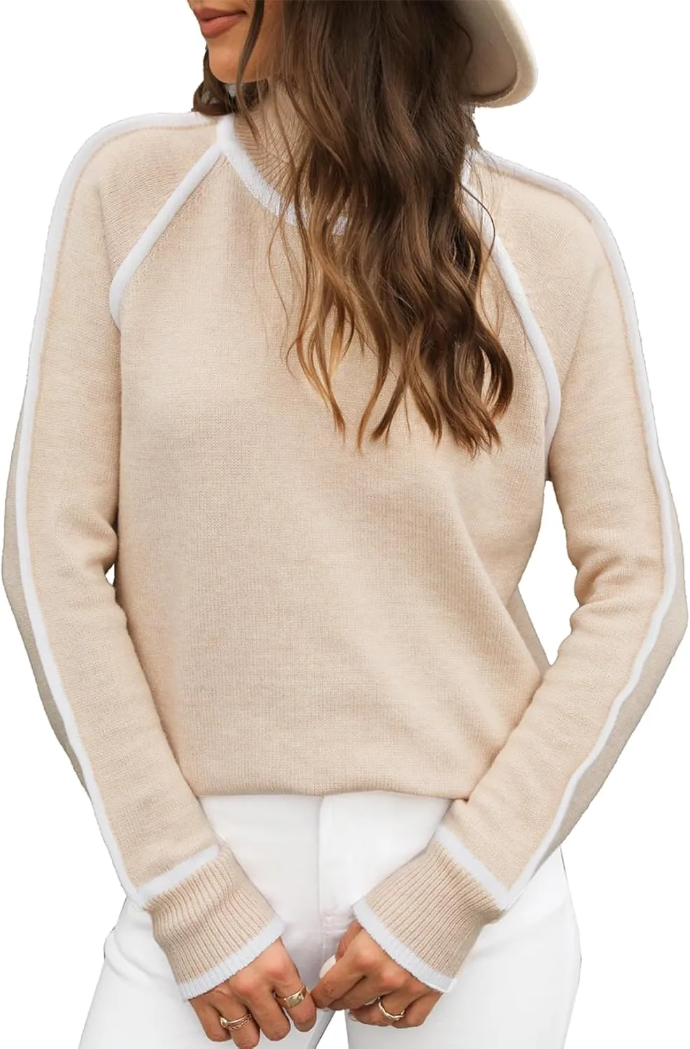 EVALESS Womens Long Sleeve Turtleneck Pullover Sweaters Casual Loose Color Block Cozy Knit Tops