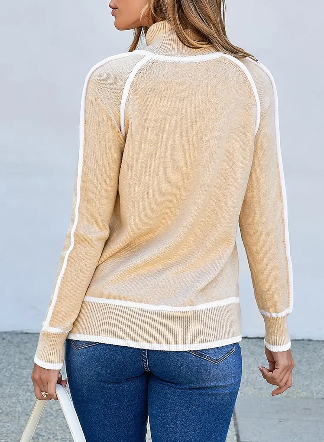 EVALESS Womens Long Sleeve Turtleneck Pullover Sweaters Casual Loose Color Block Cozy Knit Tops