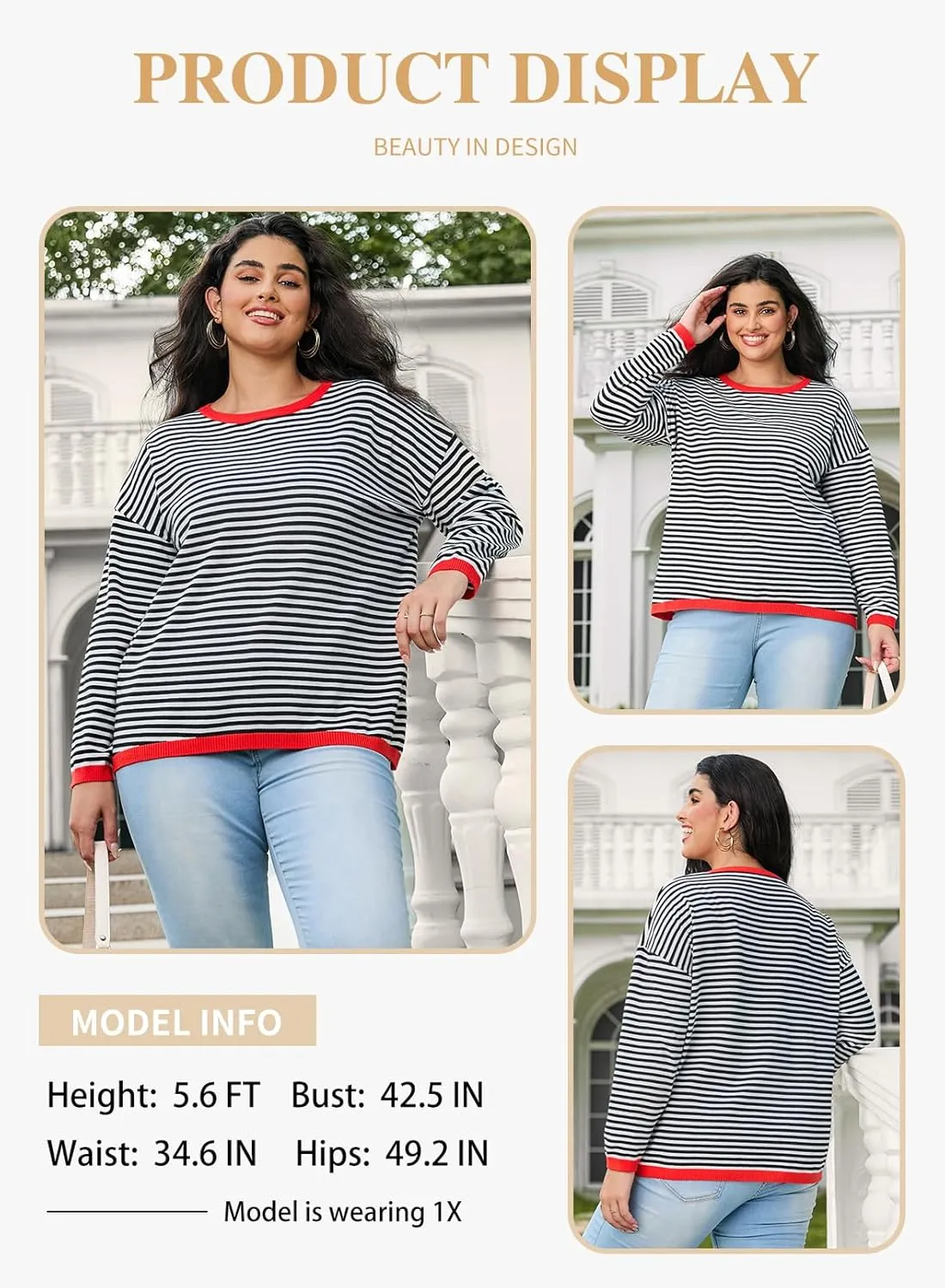 Eytino Plus Size Sweaters for Women Casual Striped Color Block Long Sleeve Round Neck Pullover Jumpers Tops(1X-5X)