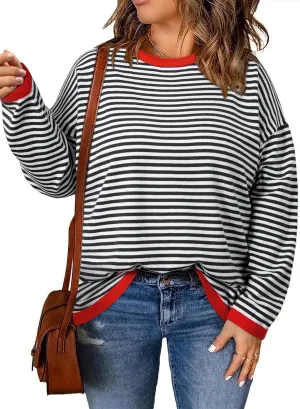 Eytino Plus Size Sweaters for Women Casual Striped Color Block Long Sleeve Round Neck Pullover Jumpers Tops(1X-5X)