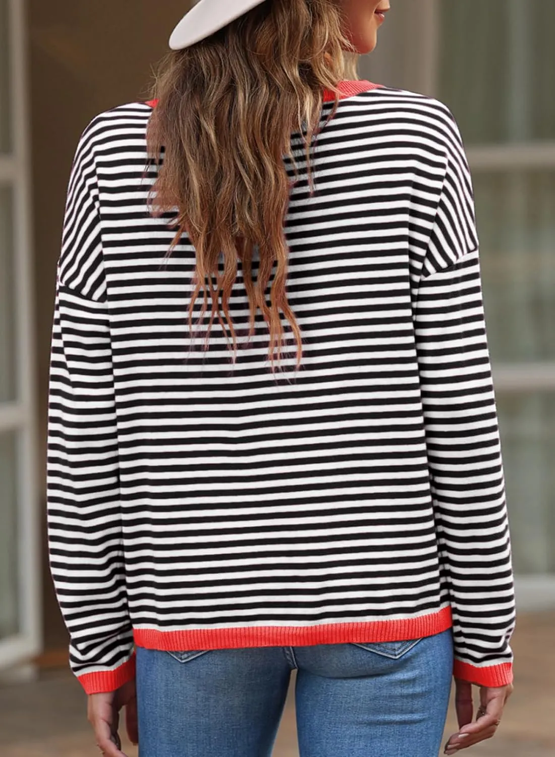 Eytino Plus Size Sweaters for Women Casual Striped Color Block Long Sleeve Round Neck Pullover Jumpers Tops(1X-5X)
