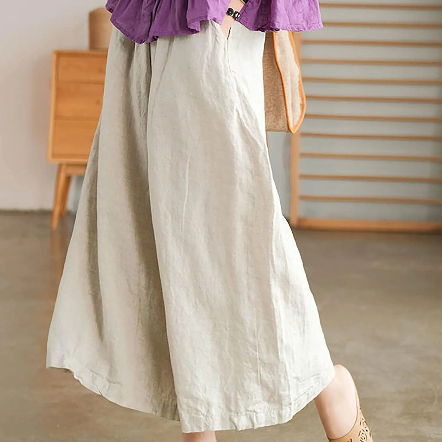 fartey Womens Wide Leg Linen Pants Lightweight Loose Fit Harem Pants Elastic Waist Casual Summer Beach Trousers with Pockets