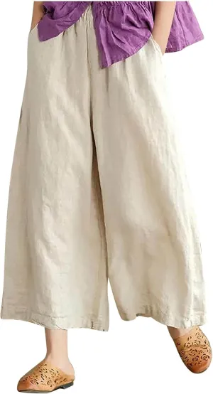 fartey Womens Wide Leg Linen Pants Lightweight Loose Fit Harem Pants Elastic Waist Casual Summer Beach Trousers with Pockets