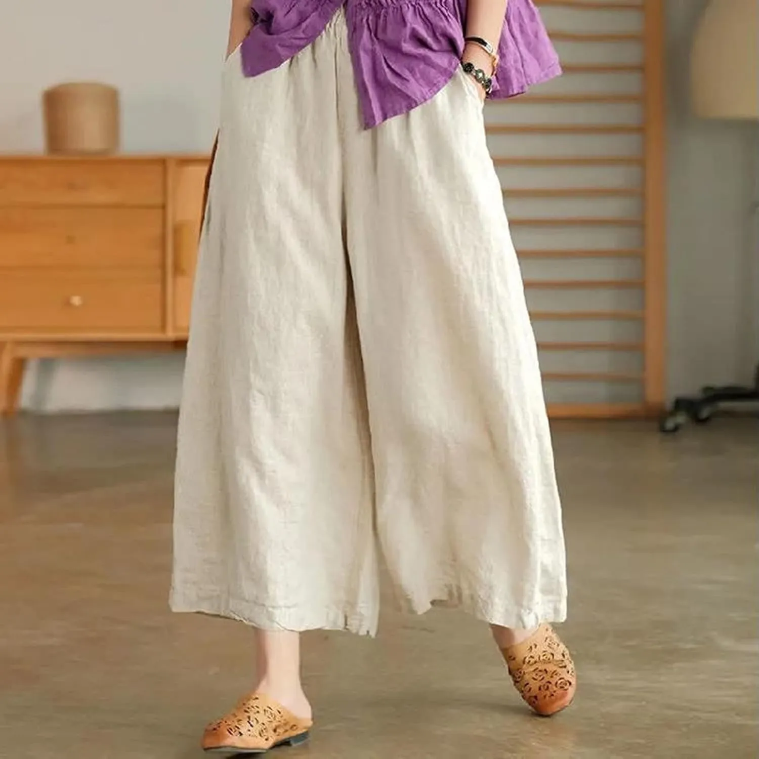 fartey Womens Wide Leg Linen Pants Lightweight Loose Fit Harem Pants Elastic Waist Casual Summer Beach Trousers with Pockets