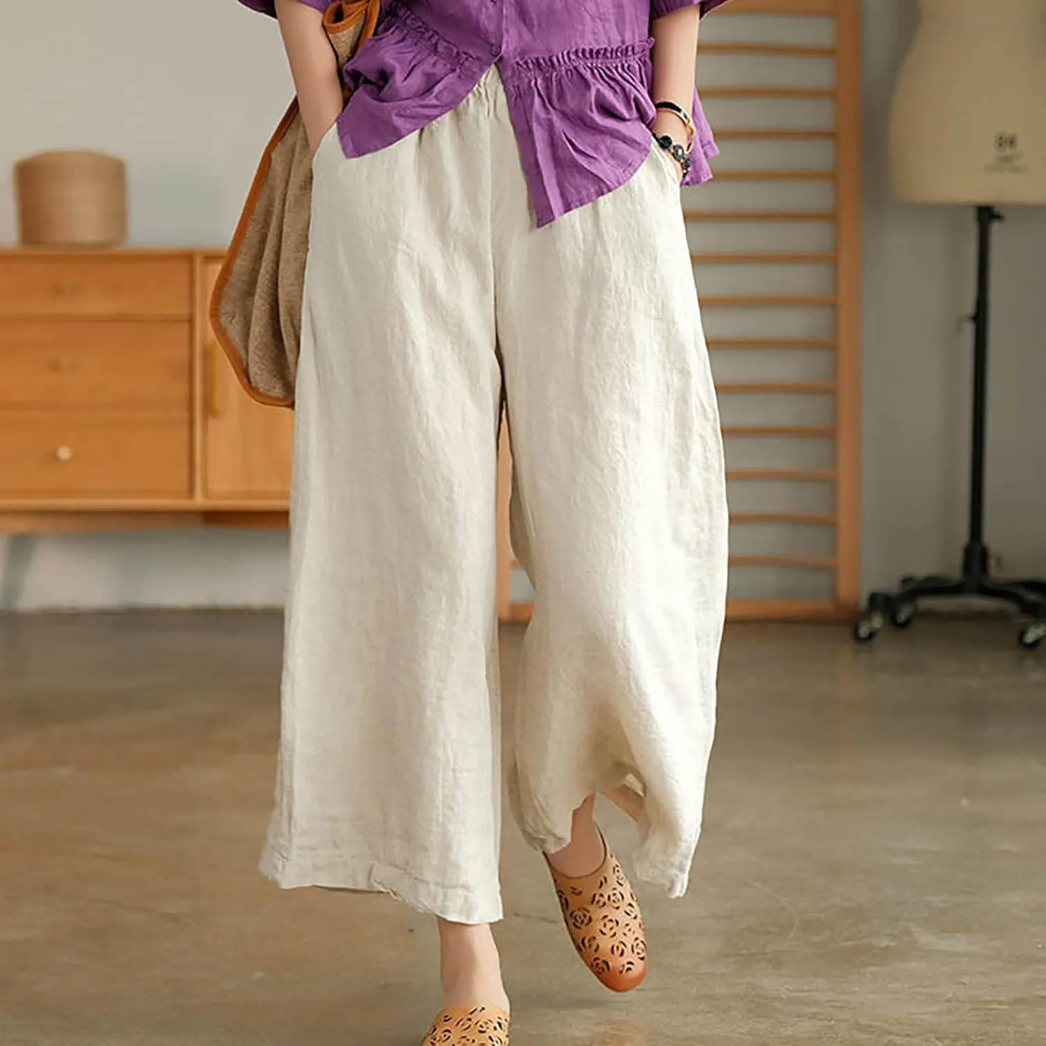 fartey Womens Wide Leg Linen Pants Lightweight Loose Fit Harem Pants Elastic Waist Casual Summer Beach Trousers with Pockets