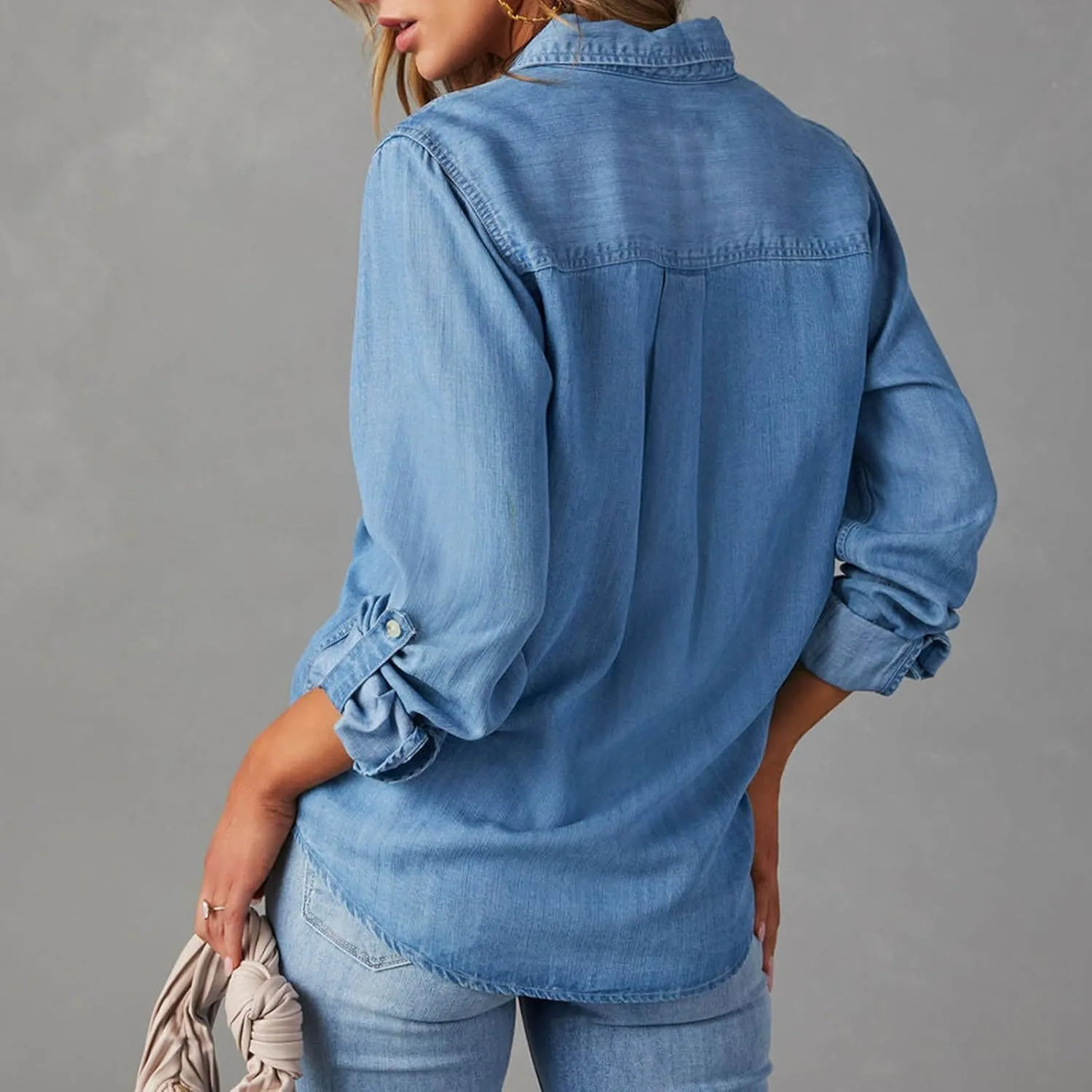 Firzero Womens Summer Tops Oversized Jean Jacket Trendy Long Sleeve Button Down Denim Jacket Western Work Jacket with Pockets