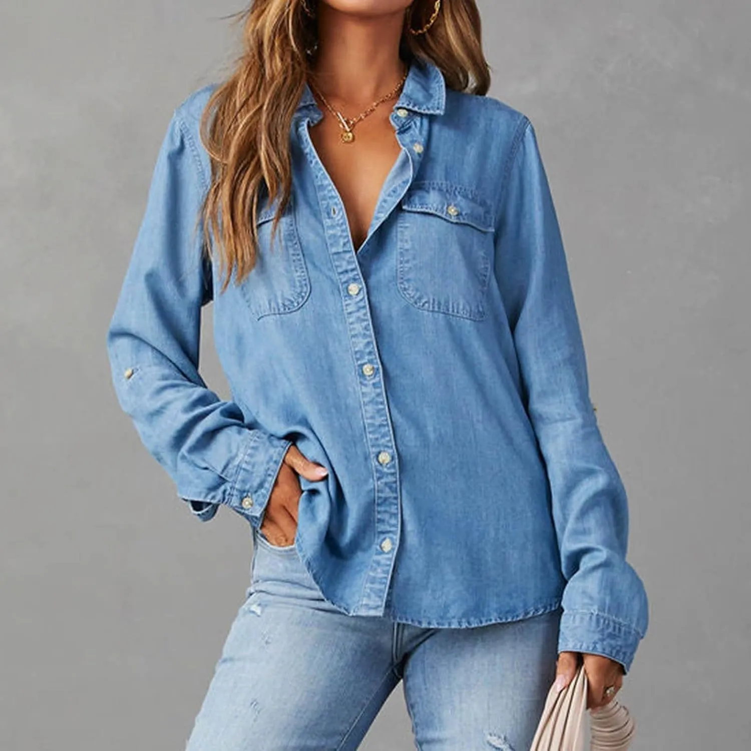 Firzero Womens Summer Tops Oversized Jean Jacket Trendy Long Sleeve Button Down Denim Jacket Western Work Jacket with Pockets