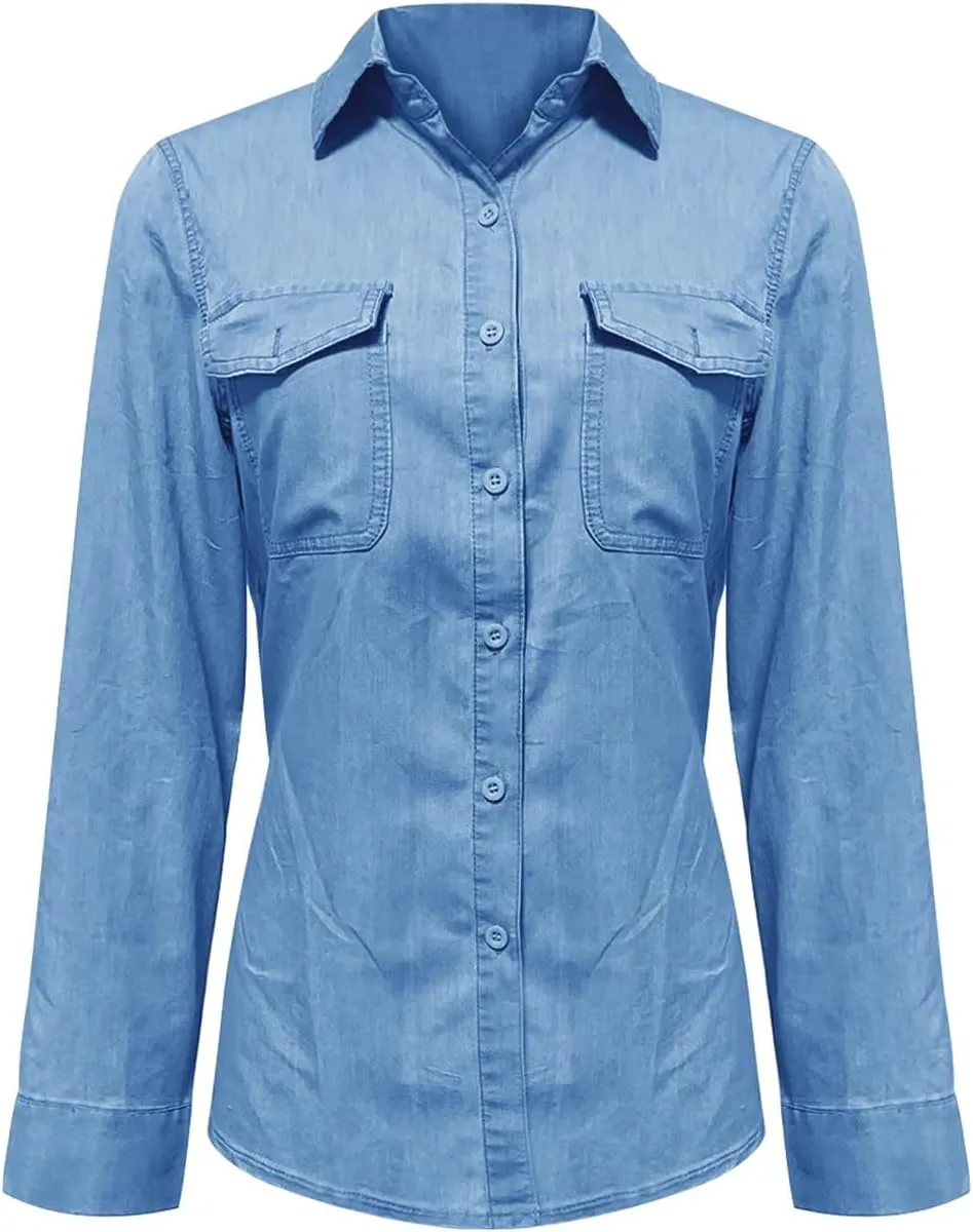 Firzero Womens Summer Tops Oversized Jean Jacket Trendy Long Sleeve Button Down Denim Jacket Western Work Jacket with Pockets