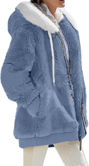 Fleece Jackets for Women 2024 Winter Sherpa Lined Full Zip Hooded Jacket Plus Size Fuzzy Coats with Pockets S-5XL