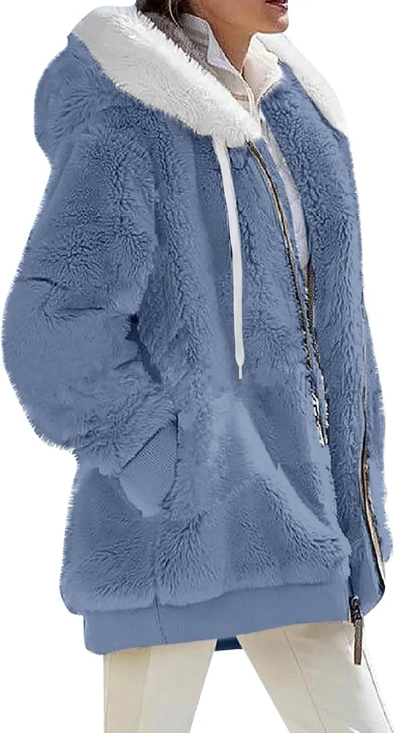 Fleece Jackets for Women 2024 Winter Sherpa Lined Full Zip Hooded Jacket Plus Size Fuzzy Coats with Pockets S-5XL