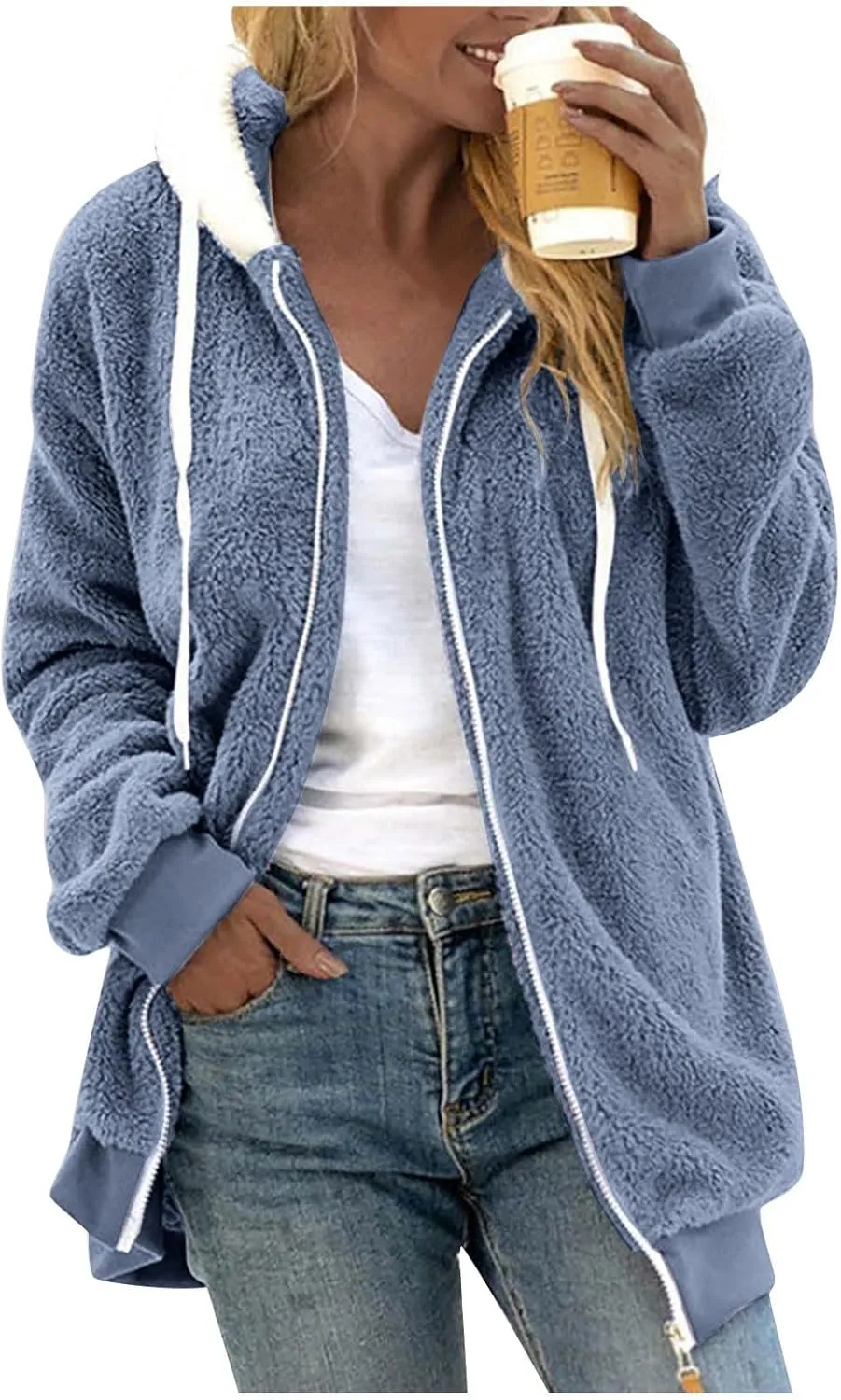 Fleece Jackets for Women 2024 Winter Sherpa Lined Full Zip Hooded Jacket Plus Size Fuzzy Coats with Pockets S-5XL