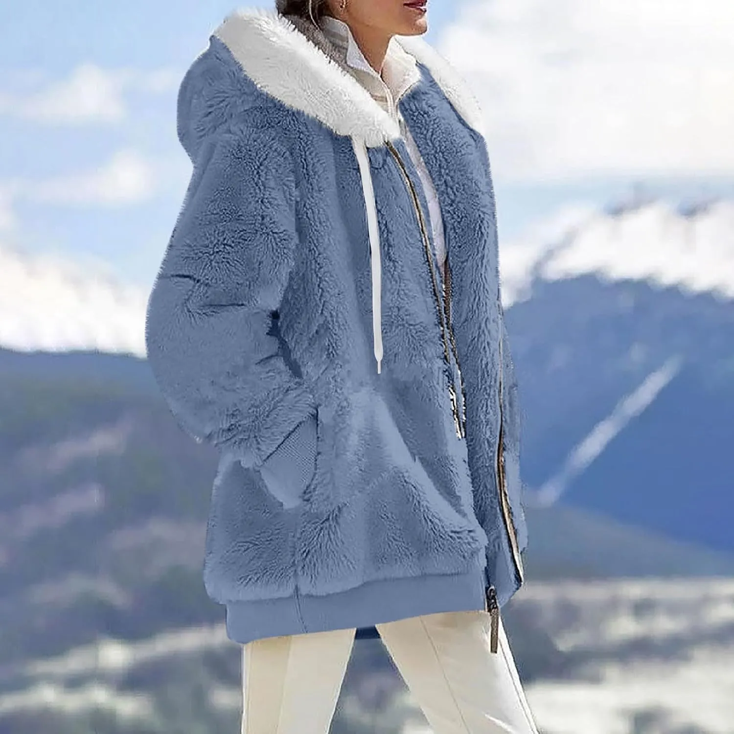 Fleece Jackets for Women 2024 Winter Sherpa Lined Full Zip Hooded Jacket Plus Size Fuzzy Coats with Pockets S-5XL