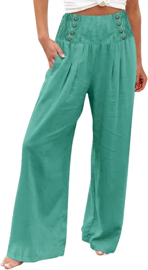 FlekmanArt Linen Wide Leg Pants Women Comfy Flowy High Waisted Beach Palazzo Pants with Pockets 2024