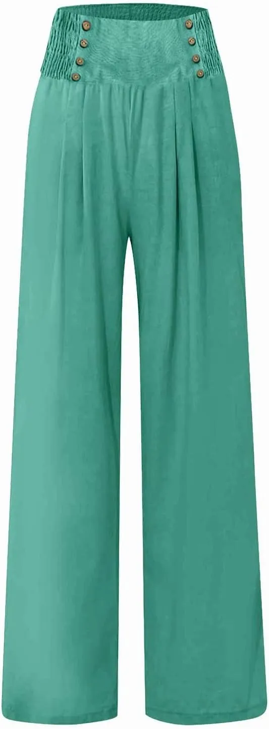 FlekmanArt Linen Wide Leg Pants Women Comfy Flowy High Waisted Beach Palazzo Pants with Pockets 2024