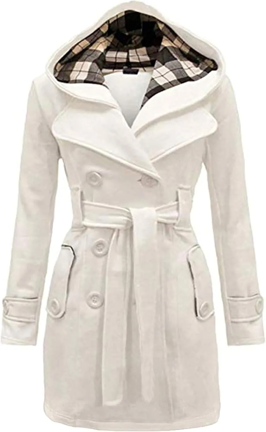 FLITAY Lady Plaid Hood Autumn Long Sleeve Coat Business Lapel Jacket Comfy with Belt Classic Coat