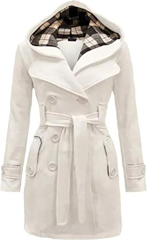 FLITAY Lady Plaid Hood Autumn Long Sleeve Coat Business Lapel Jacket Comfy with Belt Classic Coat