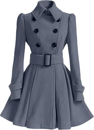 FLITAY Women Flowy Lapel Collar Solid Color Jacket High Waist Winter Pea Coat Office Work Jacket