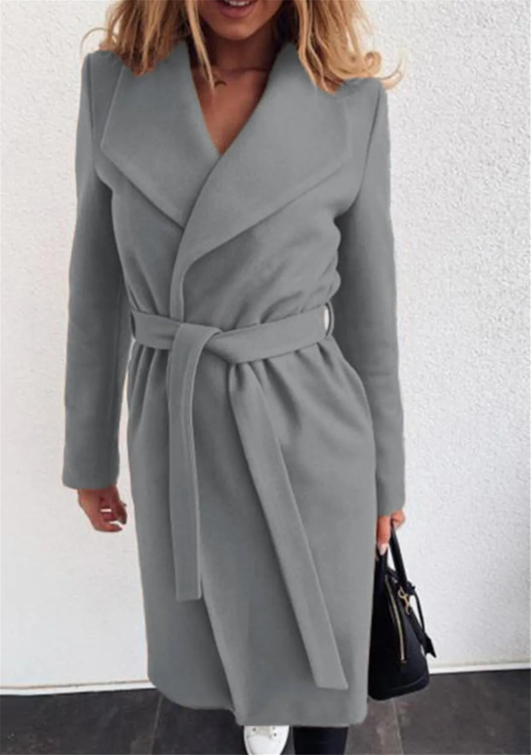 FLITAY Womens Lapel Collar Business Trench Coat Plain Color Temperament Jacket Belted Slouchy Wool Blend Pea Coat