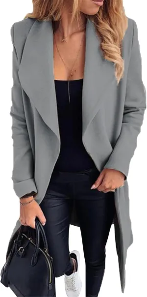 FLITAY Womens Lapel Collar Business Trench Coat Plain Color Temperament Jacket Belted Slouchy Wool Blend Pea Coat