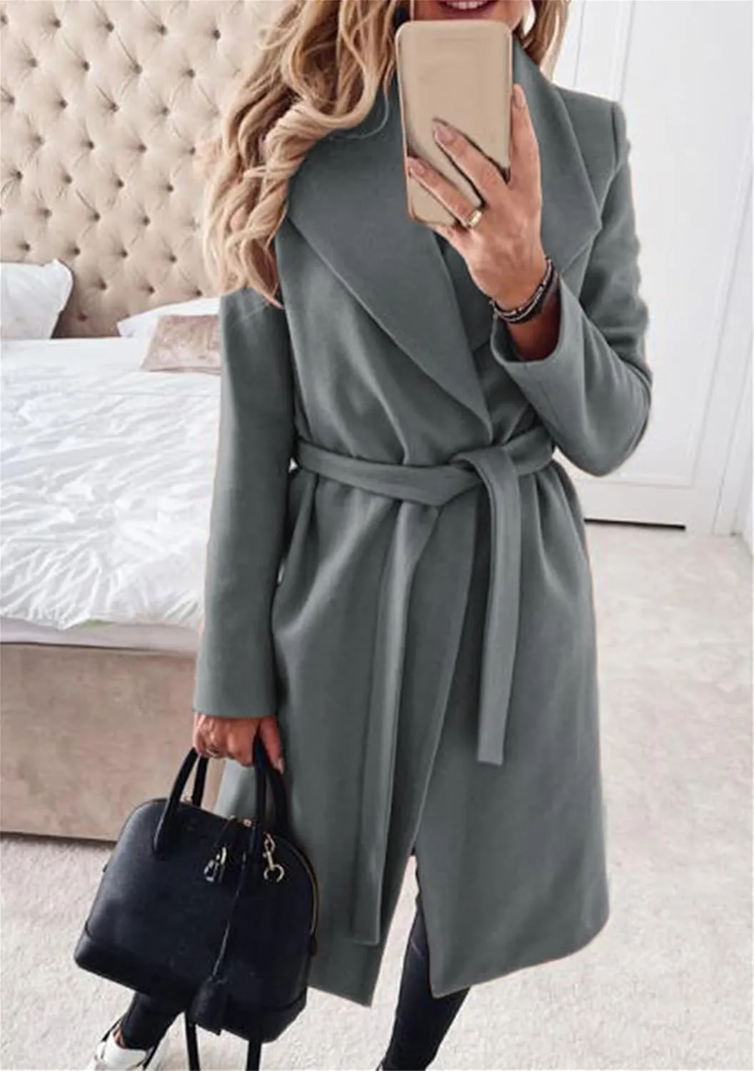 FLITAY Womens Lapel Collar Business Trench Coat Plain Color Temperament Jacket Belted Slouchy Wool Blend Pea Coat