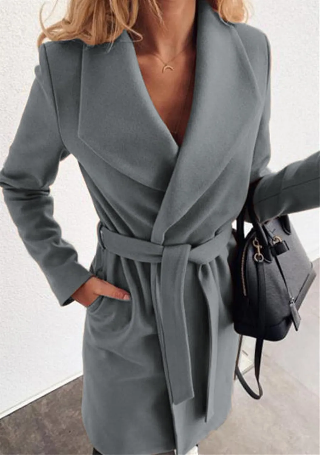 FLITAY Womens Lapel Collar Business Trench Coat Plain Color Temperament Jacket Belted Slouchy Wool Blend Pea Coat