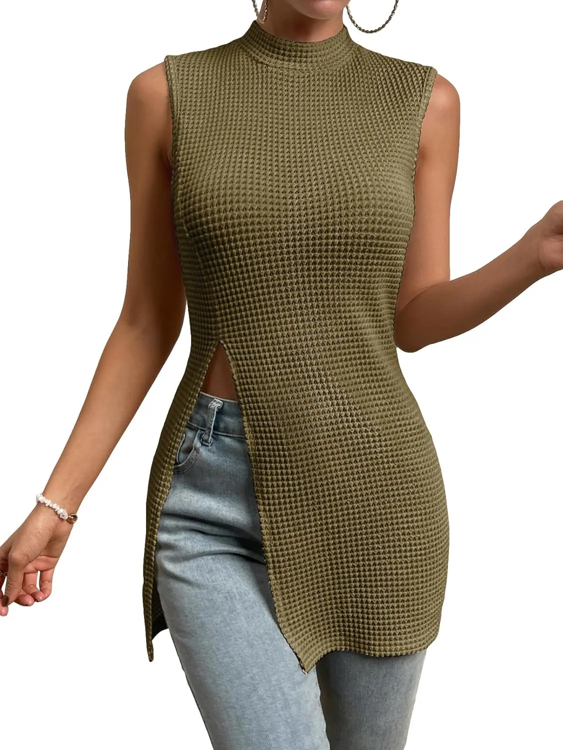 Floerns Women's Casual Sleeveless Mock Neck Split Hem Tank Top
