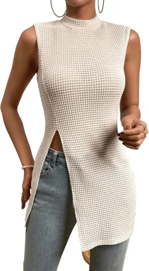 Floerns Women's Casual Sleeveless Mock Neck Split Hem Tank Top