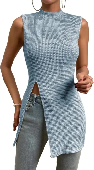 Floerns Women's Casual Sleeveless Mock Neck Split Hem Tank Top