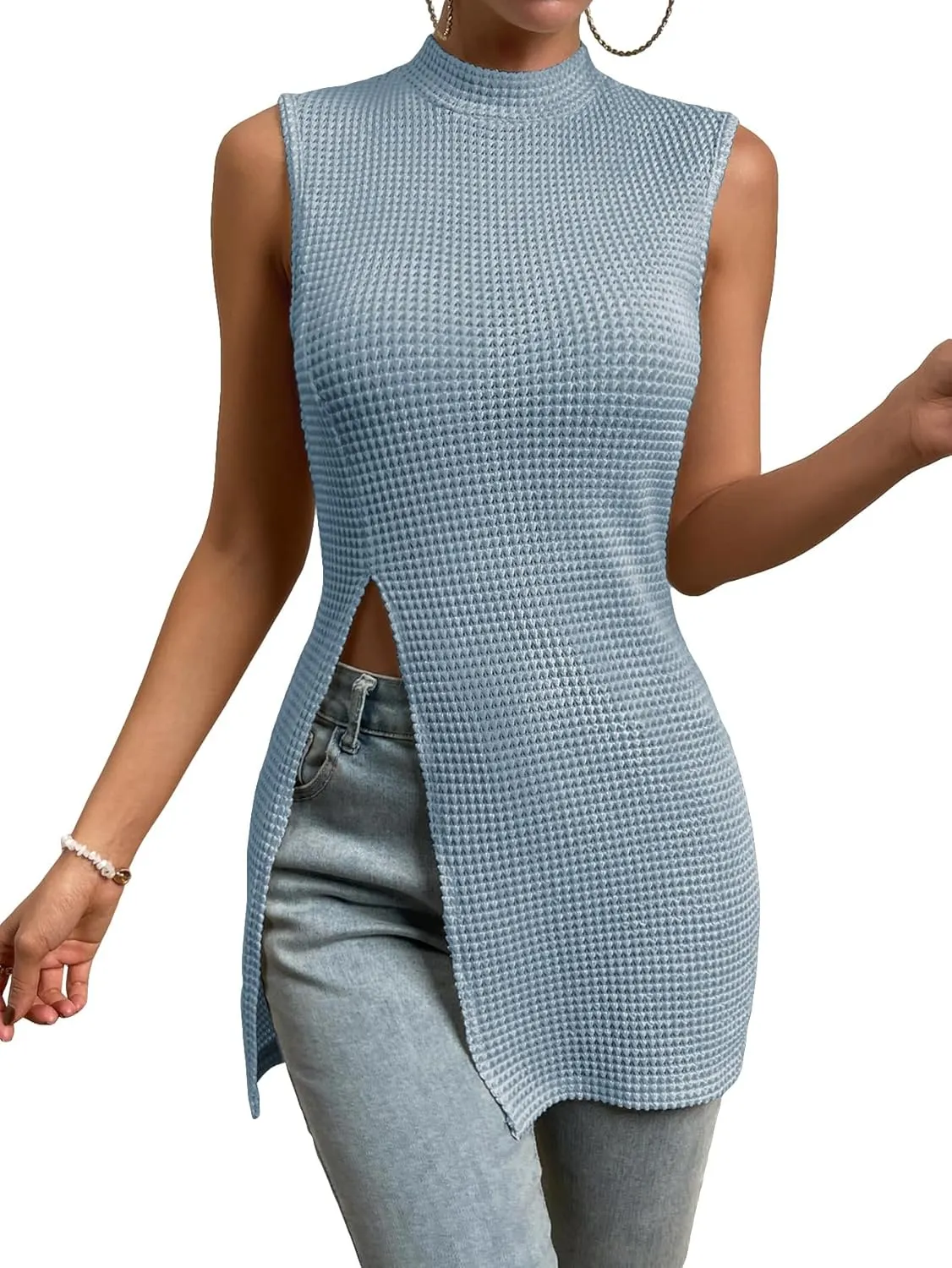 Floerns Women's Casual Sleeveless Mock Neck Split Hem Tank Top