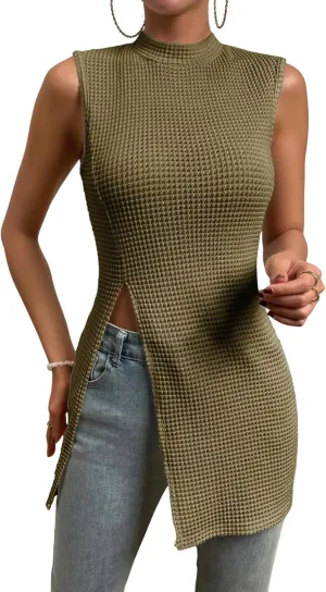 Floerns Women's Casual Sleeveless Mock Neck Split Hem Tank Top