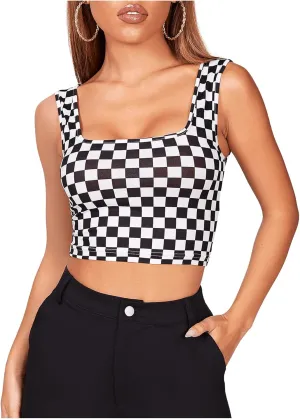Floerns Women's Printed Camisole Spaghetti Strap Contrast Binding Crop Cami Top