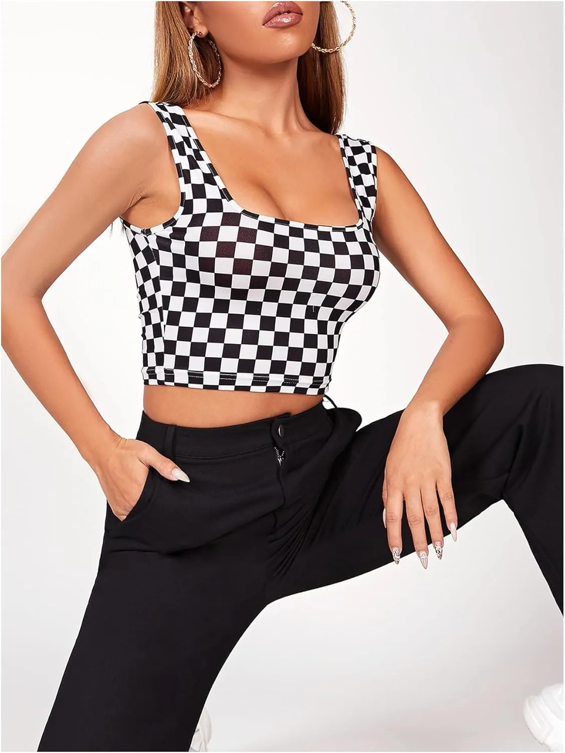 Floerns Women's Printed Camisole Spaghetti Strap Contrast Binding Crop Cami Top