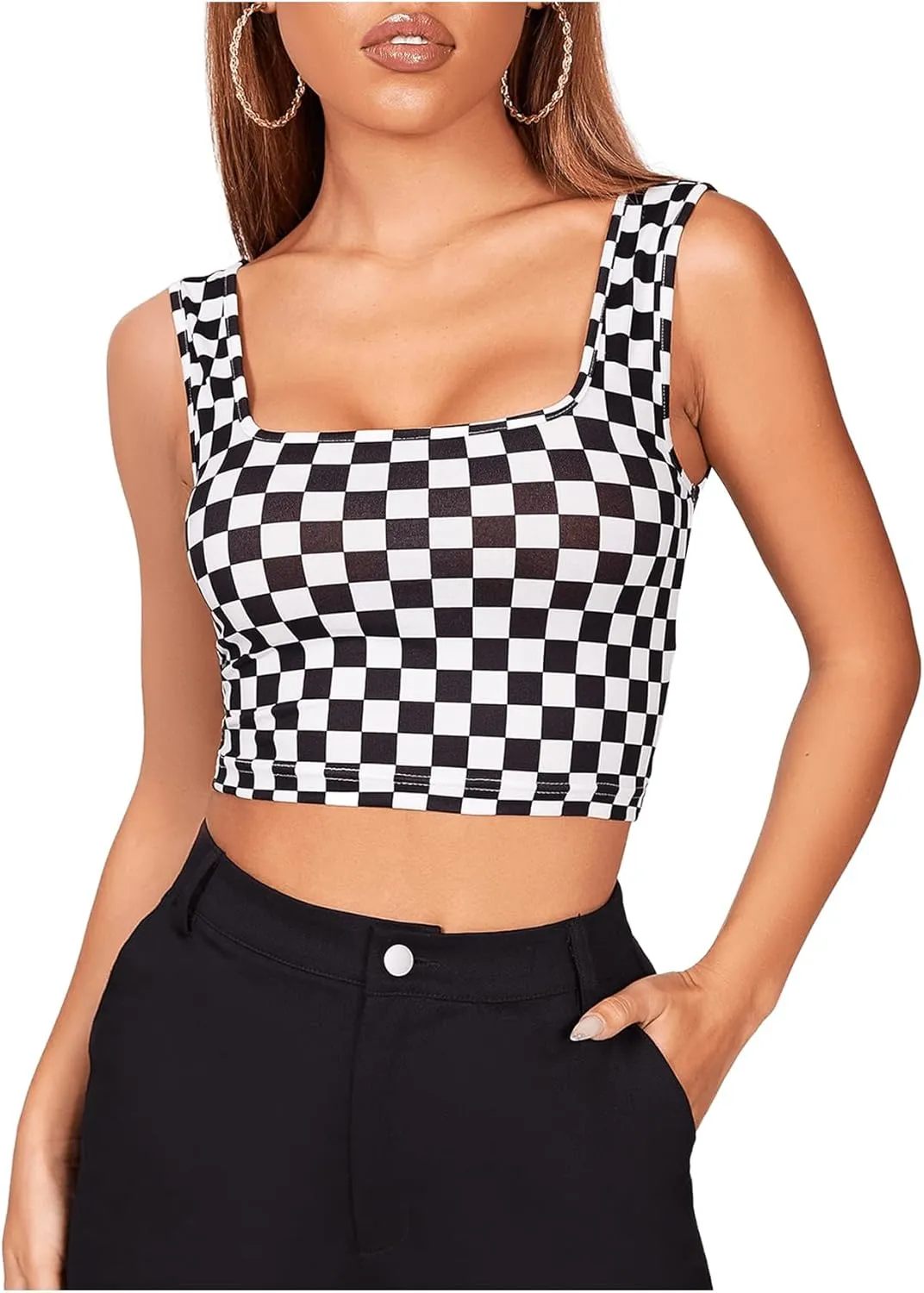 Floerns Women's Printed Camisole Spaghetti Strap Contrast Binding Crop Cami Top