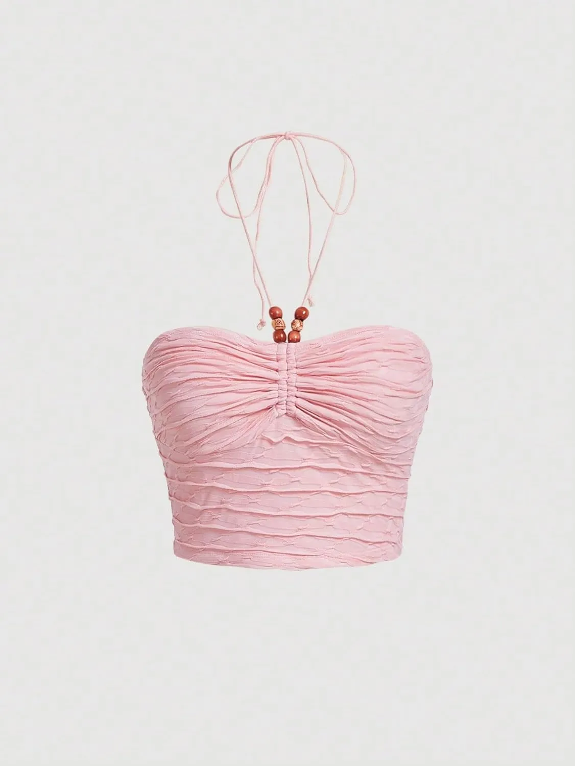 Floerns Women's Tie Backless Sleeveless Ruched Knitted Halter Crop Top