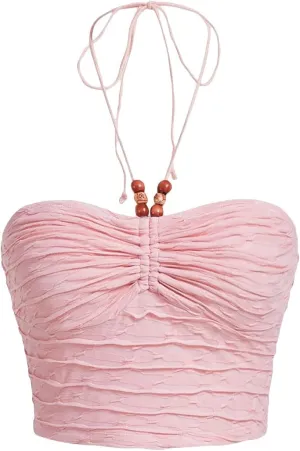 Floerns Women's Tie Backless Sleeveless Ruched Knitted Halter Crop Top