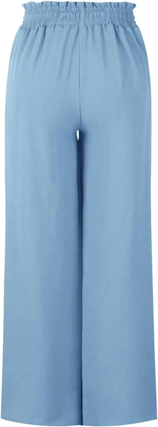 Flowy Wide Leg Pants for Women Ladies Elastic High Waist Palazzo Pants Solid Casual Beach Trousers Pocket Long Pant