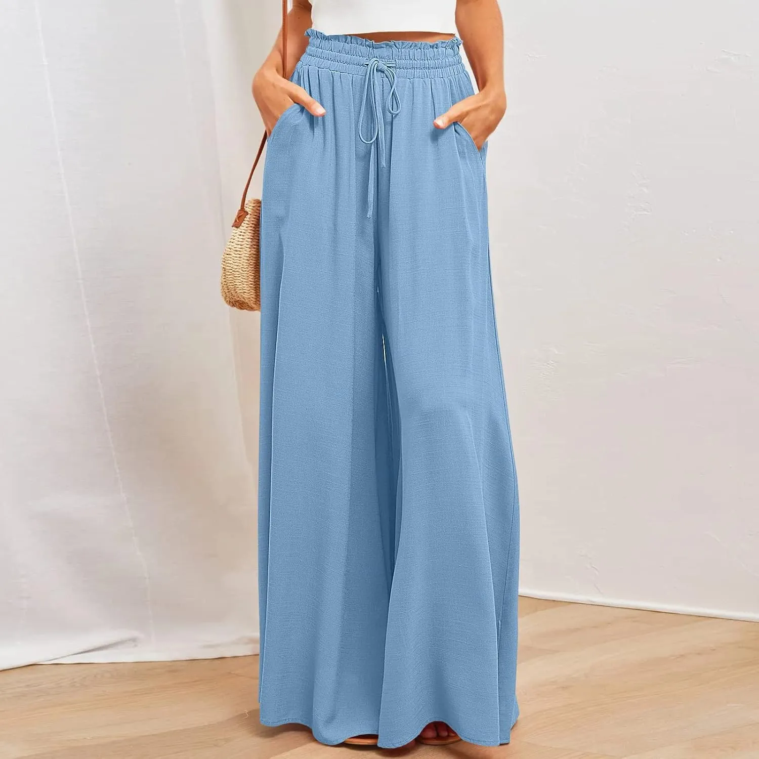 Flowy Wide Leg Pants for Women Ladies Elastic High Waist Palazzo Pants Solid Casual Beach Trousers Pocket Long Pant