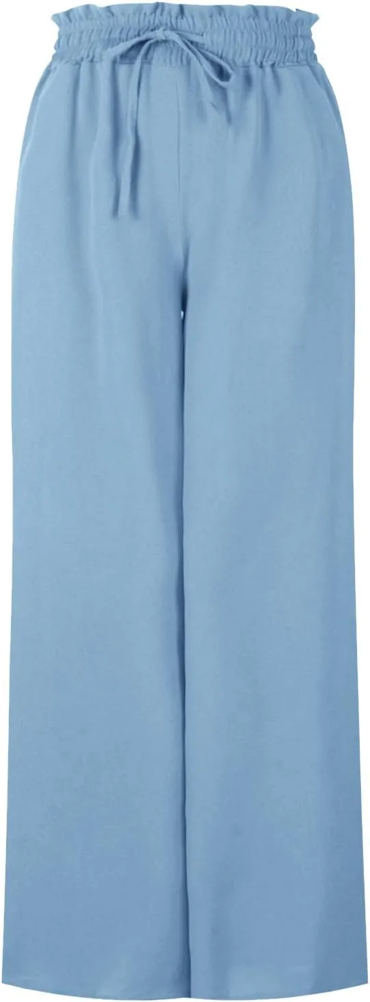 Flowy Wide Leg Pants for Women Ladies Elastic High Waist Palazzo Pants Solid Casual Beach Trousers Pocket Long Pant