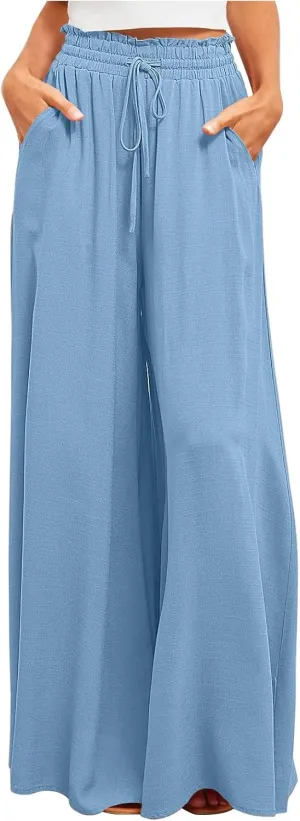 Flowy Wide Leg Pants for Women Ladies Elastic High Waist Palazzo Pants Solid Casual Beach Trousers Pocket Long Pant
