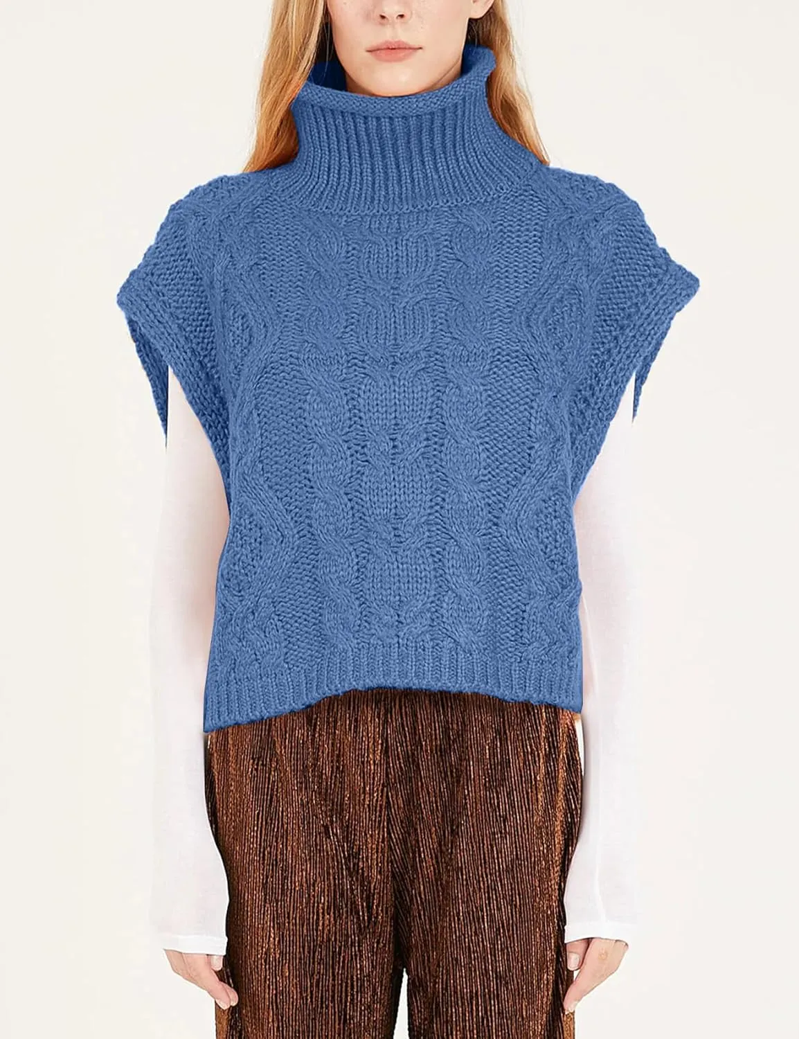 Flygo Womens Turtleneck Cable Sweater Vest Knit Oversized Loose Fit Solid Pullover Sweaters Cap Sleeve Crop Tops