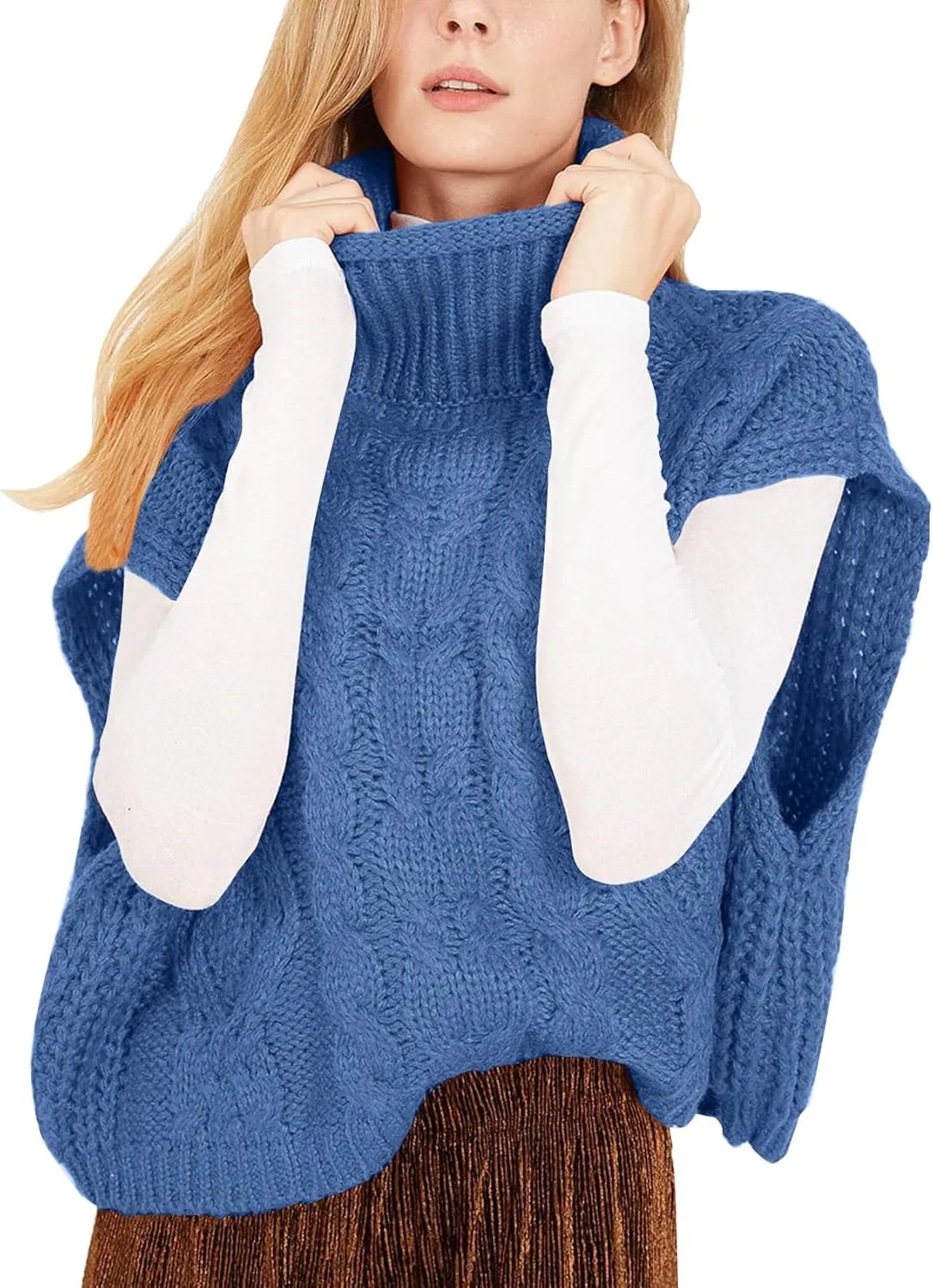 Flygo Womens Turtleneck Cable Sweater Vest Knit Oversized Loose Fit Solid Pullover Sweaters Cap Sleeve Crop Tops