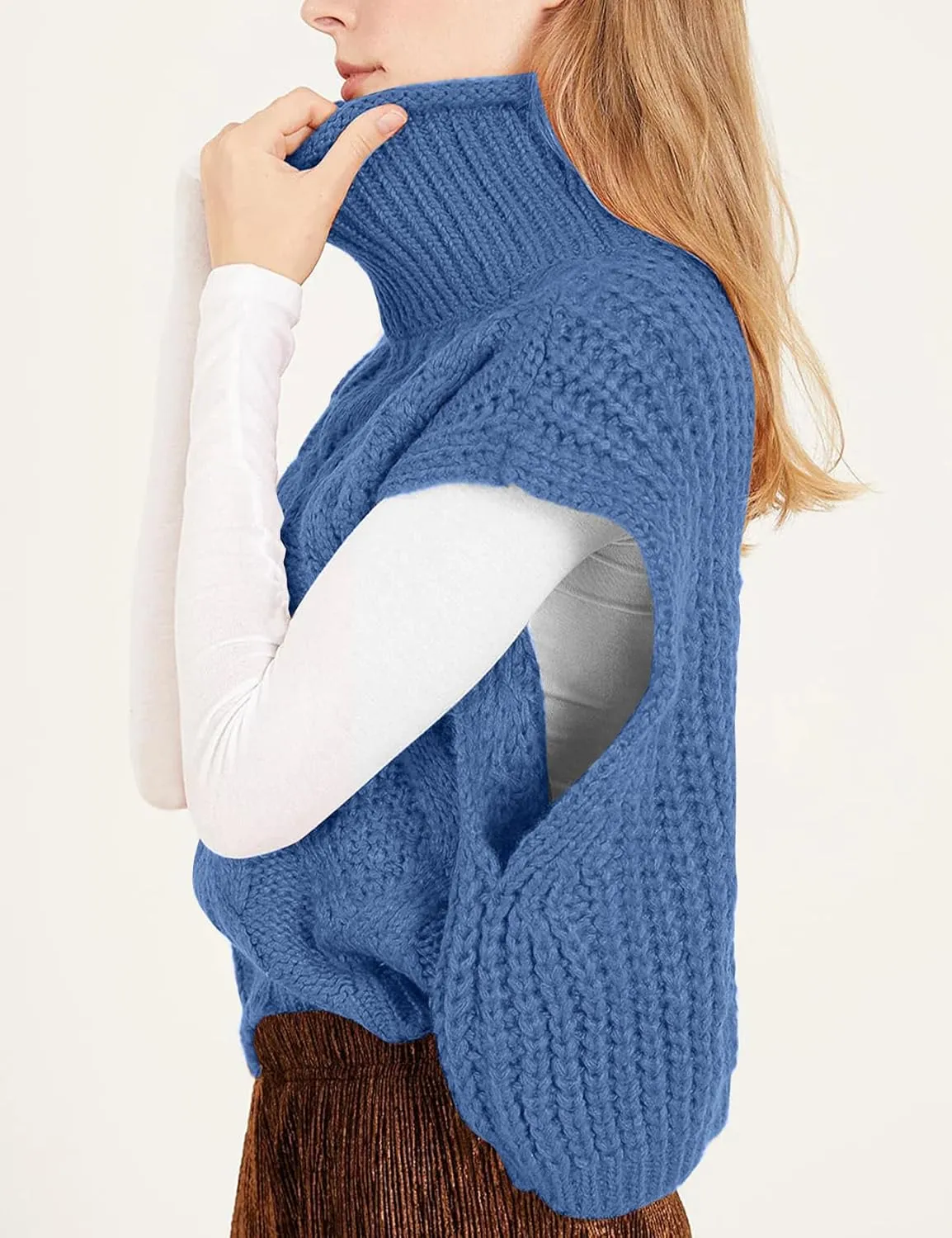 Flygo Womens Turtleneck Cable Sweater Vest Knit Oversized Loose Fit Solid Pullover Sweaters Cap Sleeve Crop Tops