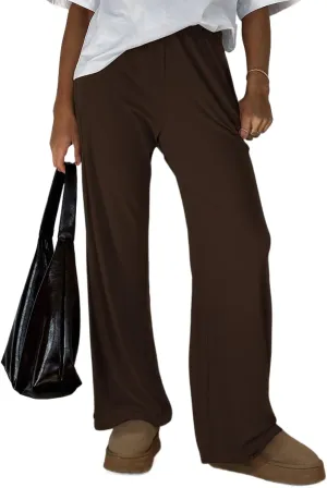 ForeFair Women's Wide Leg Ribber Pant Loose Cozy Casual Sweatpants Pajama Lounge Flowy Pants With Pockets