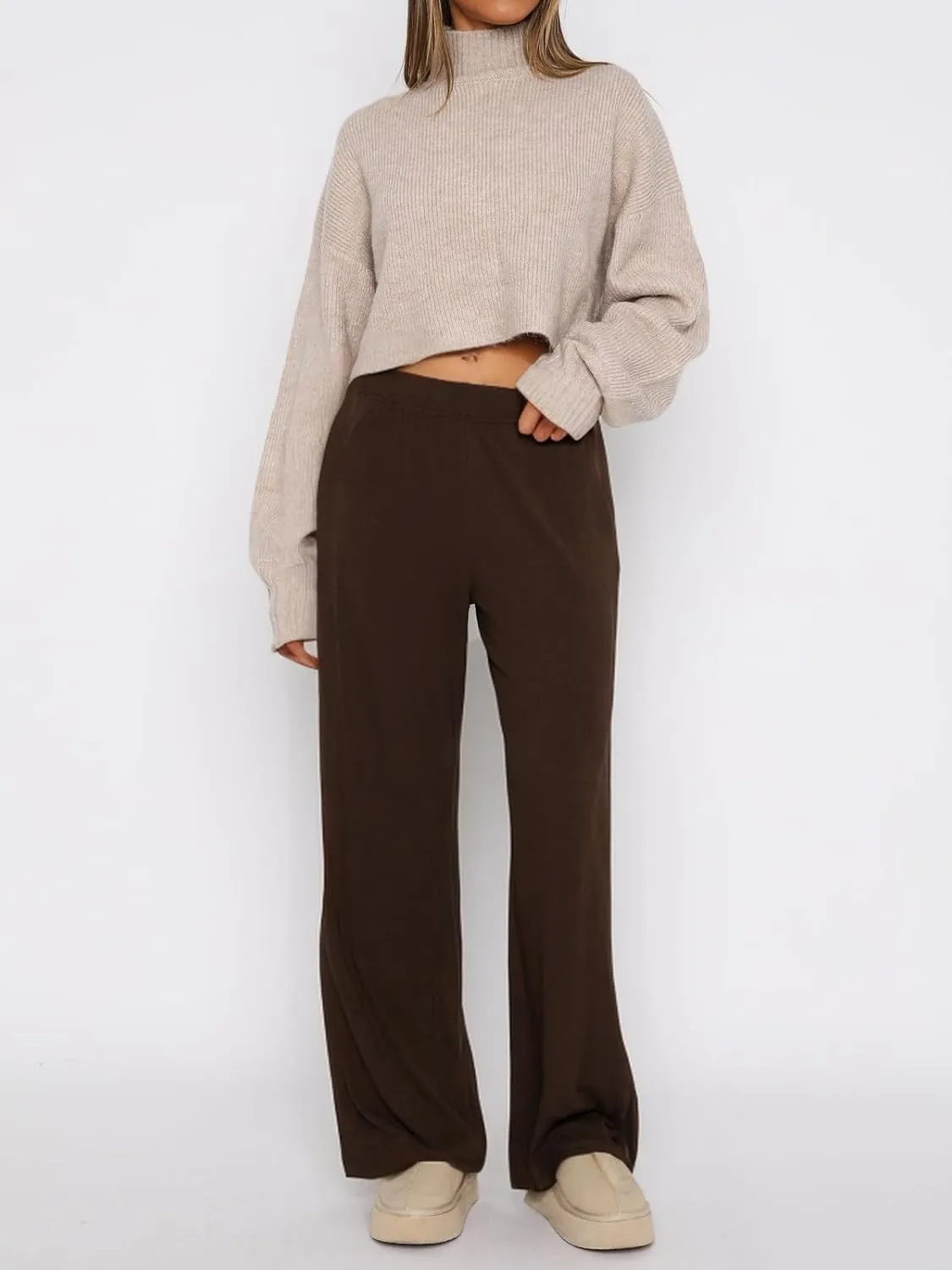 ForeFair Women's Wide Leg Ribber Pant Loose Cozy Casual Sweatpants Pajama Lounge Flowy Pants With Pockets