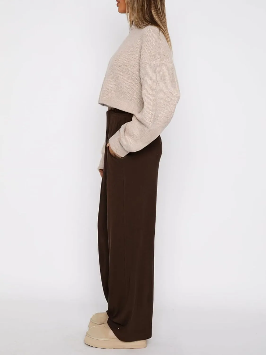 ForeFair Women's Wide Leg Ribber Pant Loose Cozy Casual Sweatpants Pajama Lounge Flowy Pants With Pockets