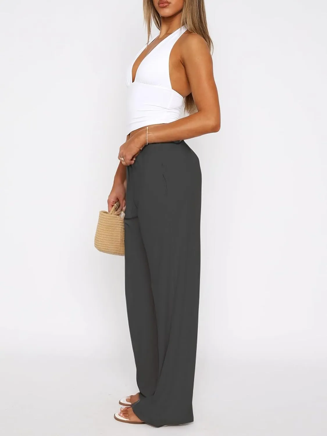 ForeFair Women's Wide Leg Ribber Pant Loose Cozy Casual Sweatpants Pajama Lounge Flowy Pants With Pockets