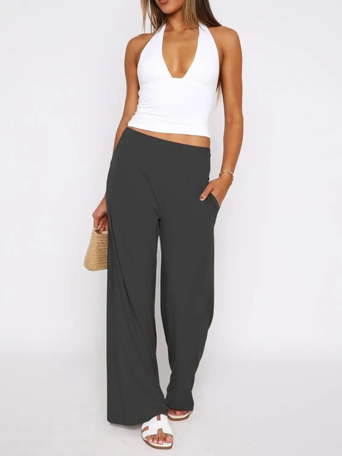ForeFair Women's Wide Leg Ribber Pant Loose Cozy Casual Sweatpants Pajama Lounge Flowy Pants With Pockets