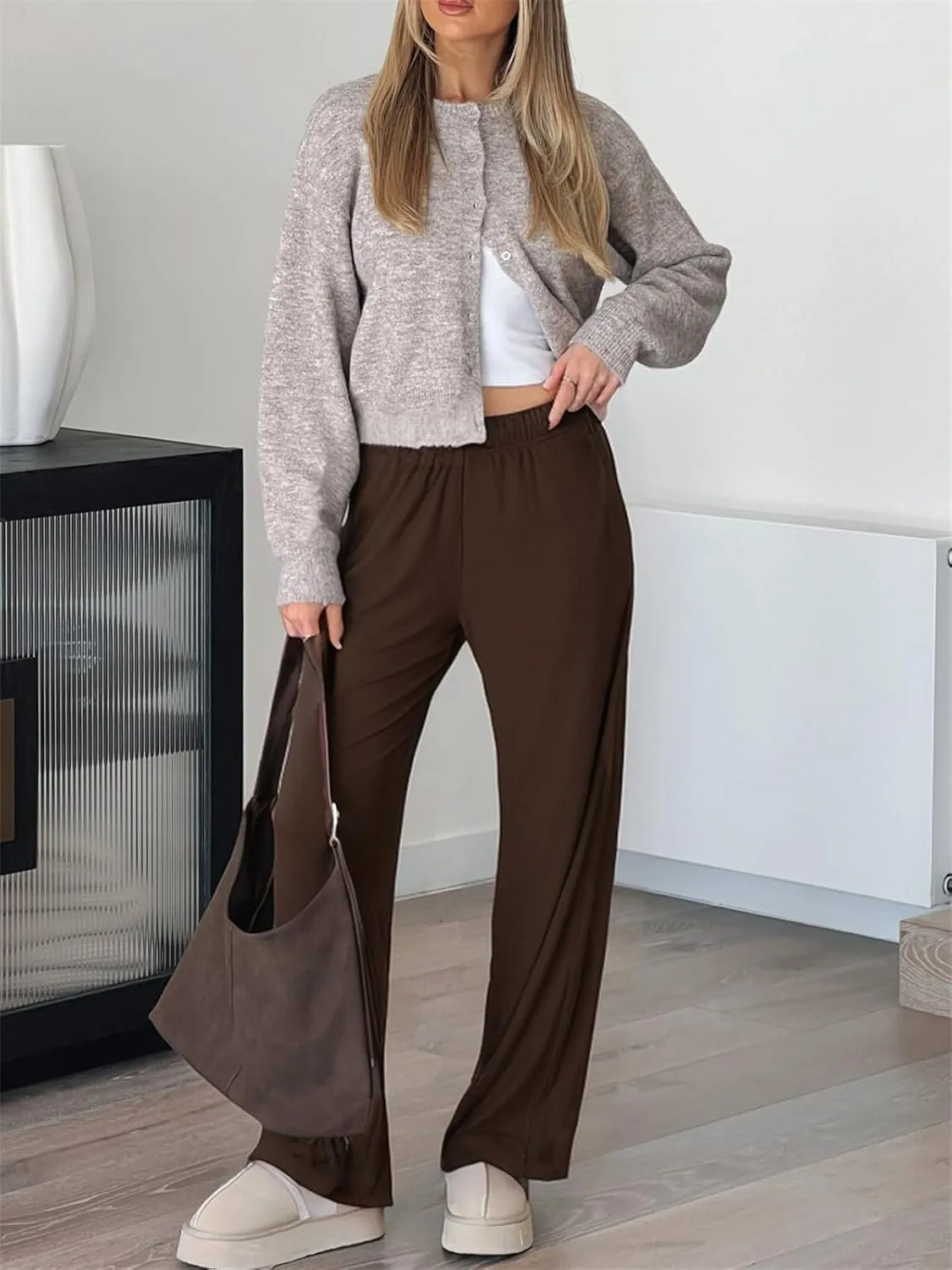 ForeFair Women's Wide Leg Ribber Pant Loose Cozy Casual Sweatpants Pajama Lounge Flowy Pants With Pockets